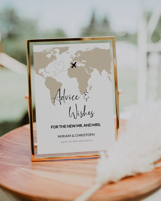 Advice and Wishes Printable Sign Template as Gift for the Couple for a Destination Wedding Passport Wedding Decorations with World Map #072w