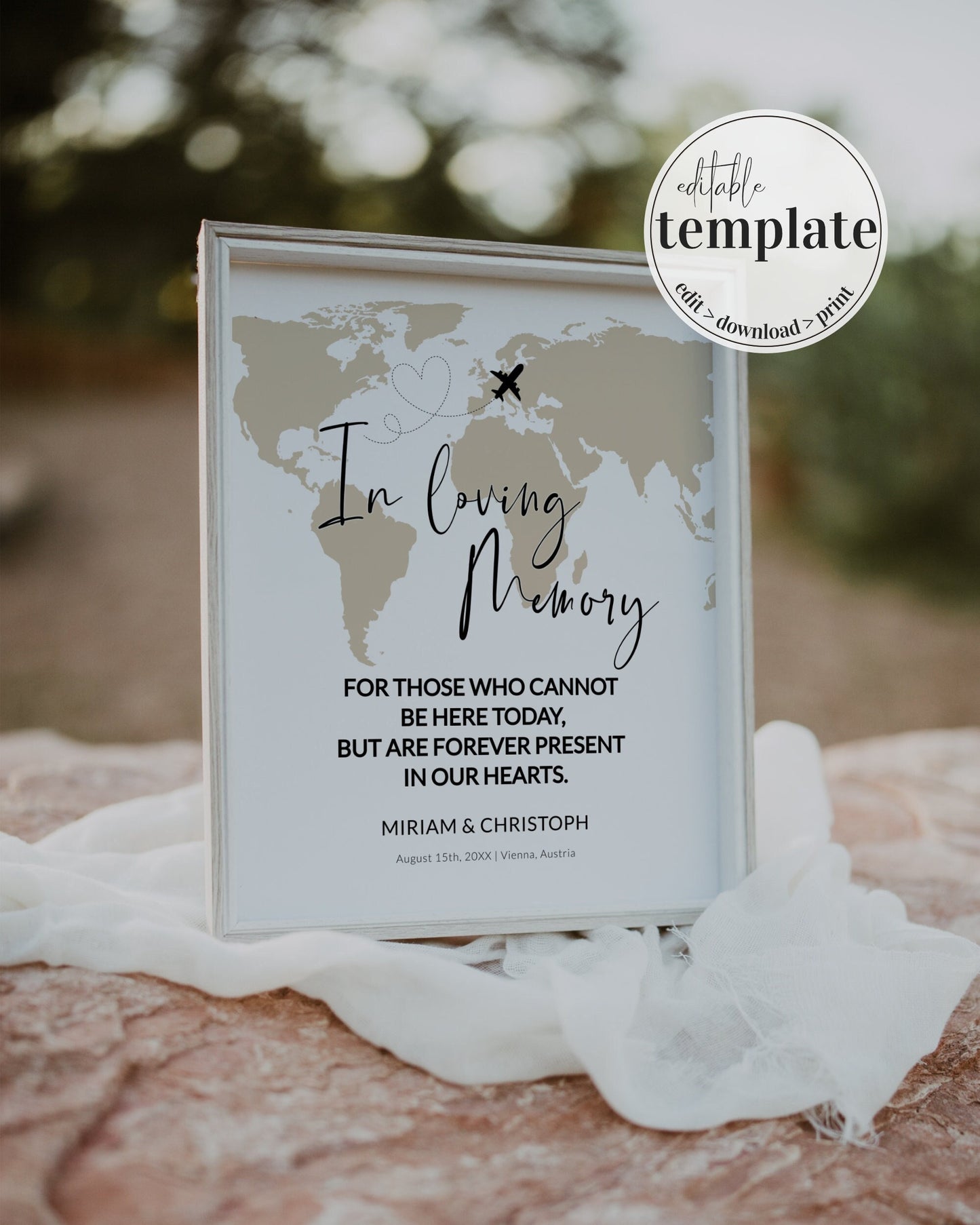 Memorial Table Sign for Destination Wedding with Travel Theme, In loving Memory reserved seating sign printable template #072w