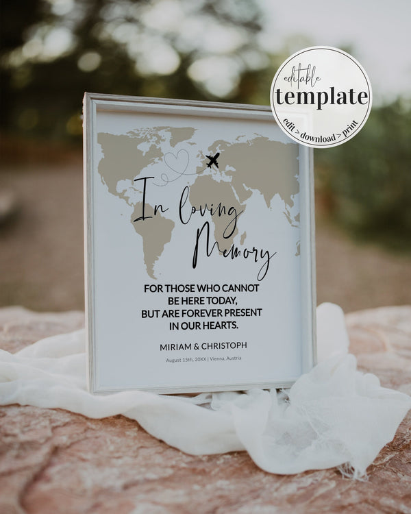 Memorial Table Sign for Destination Wedding with Travel Theme, In loving Memory reserved seating sign printable template 072w - marryful