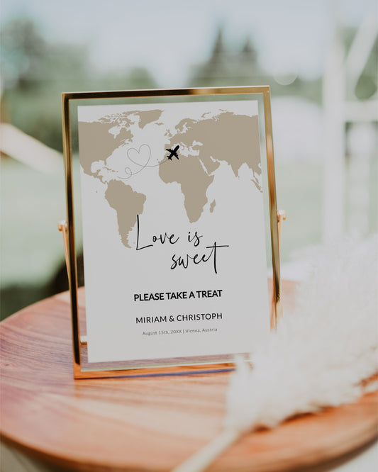 Love is sweet Candy Bar sign Printable Template for Travel or Destination Wedding, Passport Wedding Decorations with World Map #072w