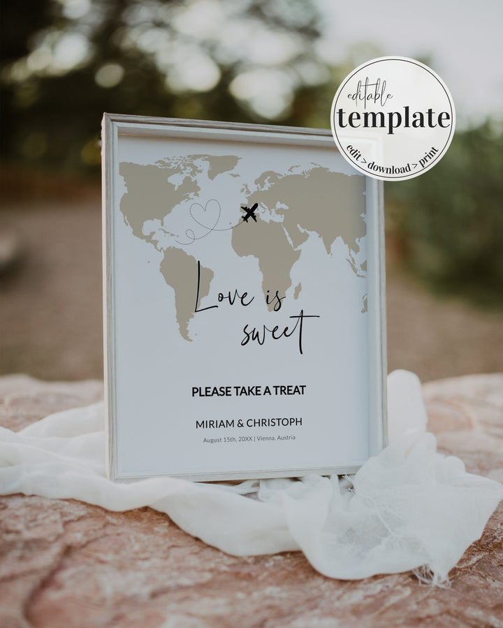 Love is sweet Candy Bar sign Printable Template for Travel or Destination Wedding, Passport Wedding Decorations with World Map 072w - marryful