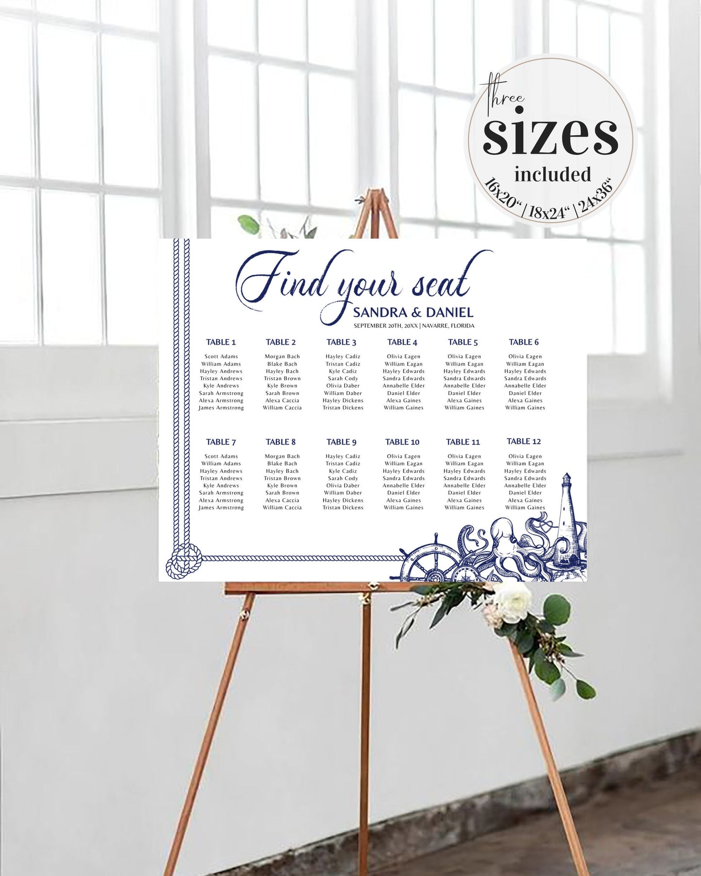 Find your Seat Sign Seating Chart Sign Printable Template for Nautical Beach Wedding Decorations or Destination Wedding Signage