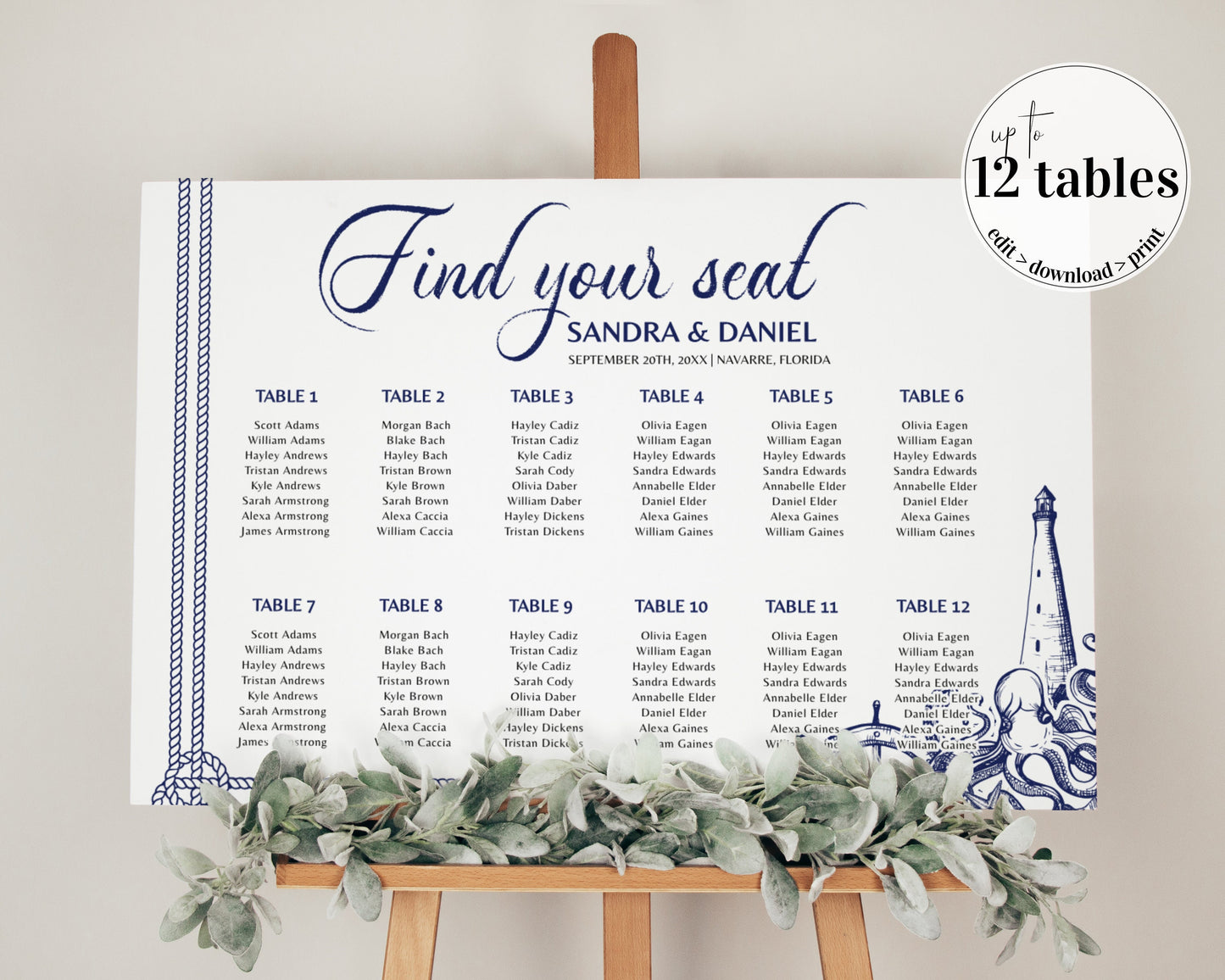 Find your Seat Sign Seating Chart Sign Printable Template for Nautical Beach Wedding Decorations or Destination Wedding Signage