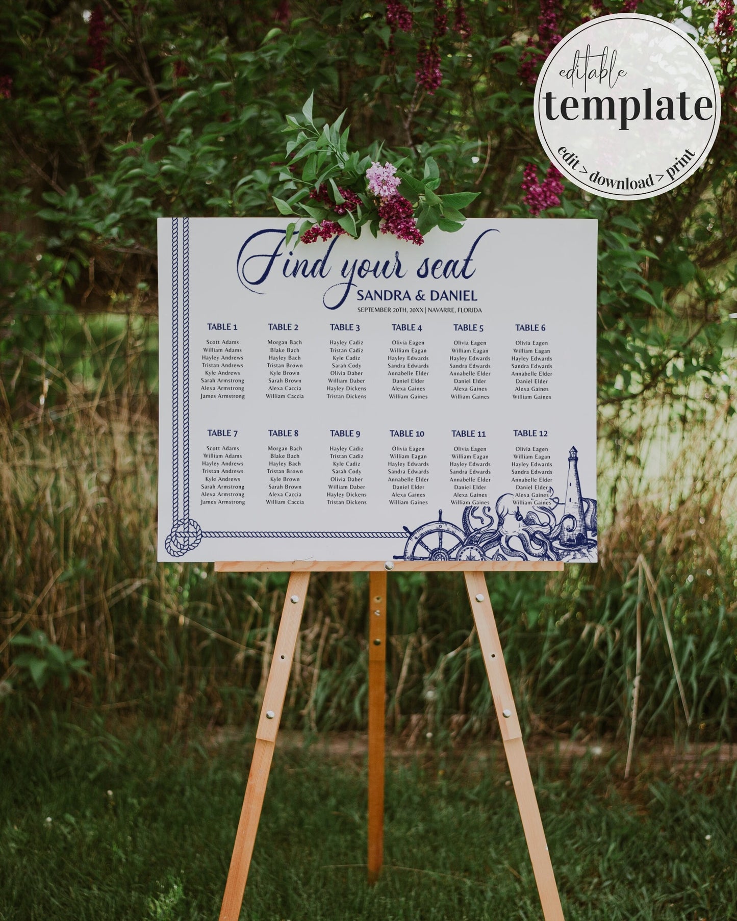 Find your Seat Sign Seating Chart Sign Printable Template for Nautical Beach Wedding Decorations or Destination Wedding Signage