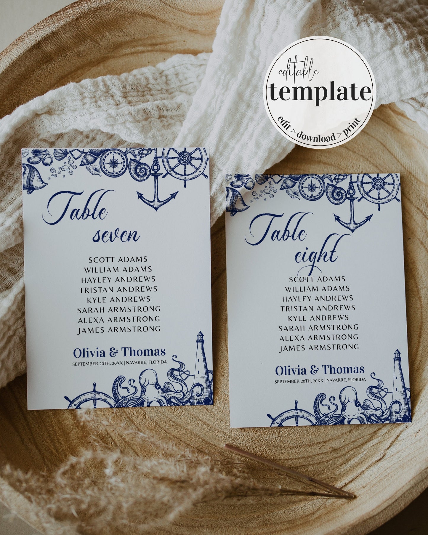 Seating Chart Cards Printable Template Table Number Signs for Destination Wedding Decorations or Beach Bridal Shower | Printable Template
