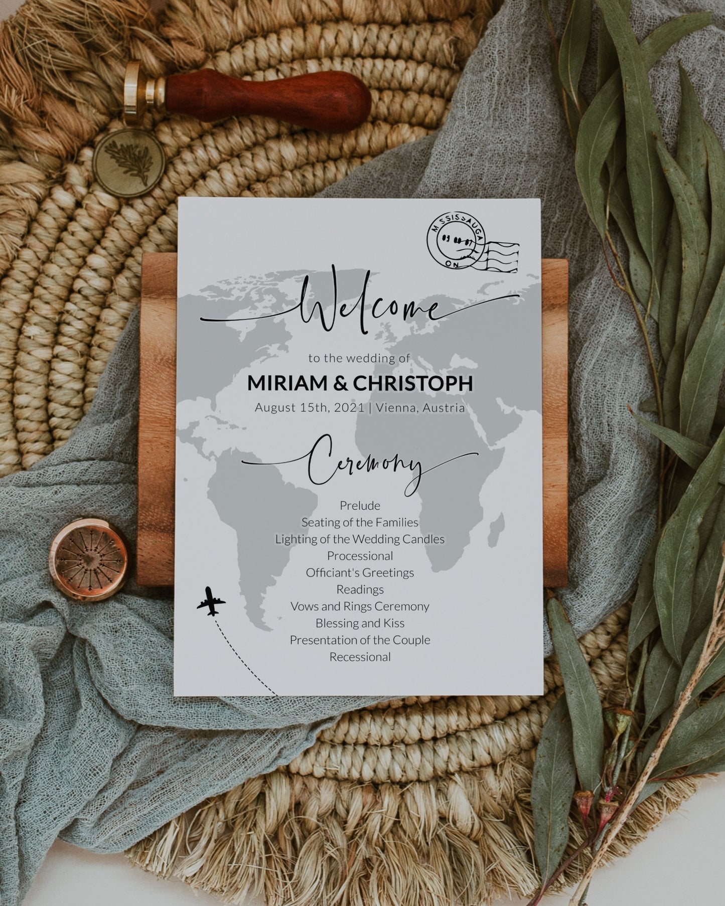 Destination Wedding Program and Ceremony Itinerary Template for Travel themed Wedding Day #072w