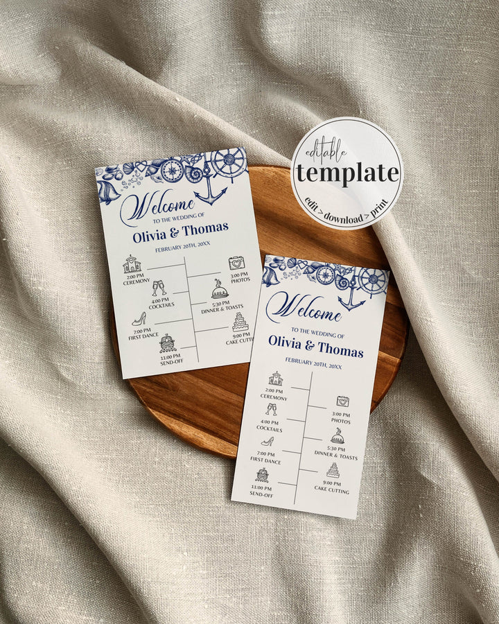 Nautical Beach Wedding Program and Ceremony Itinerary Template for Destination Wedding Decor | Printable Template - marryful