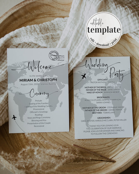 Destination Wedding Program and Ceremony Itinerary Template for Travel themed Wedding Day #072w