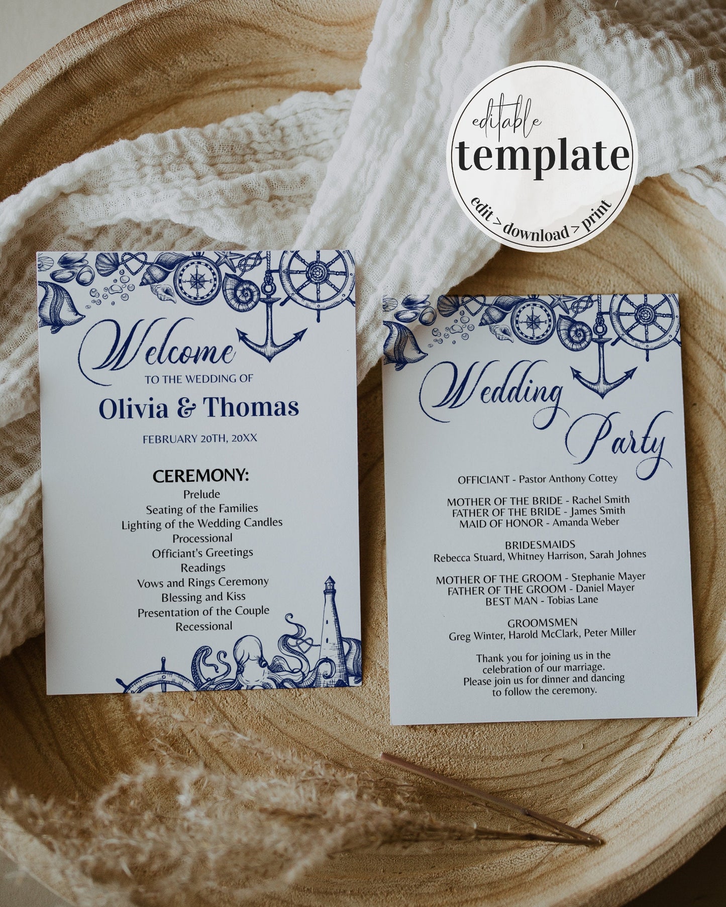 Nautical Beach Wedding Program and Ceremony Itinerary Template for Travel themed Wedding Day | Printable Template