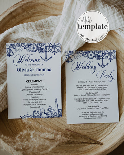Nautical Beach Wedding Program and Ceremony Itinerary Template for Travel themed Wedding Day | Printable Template - marryful