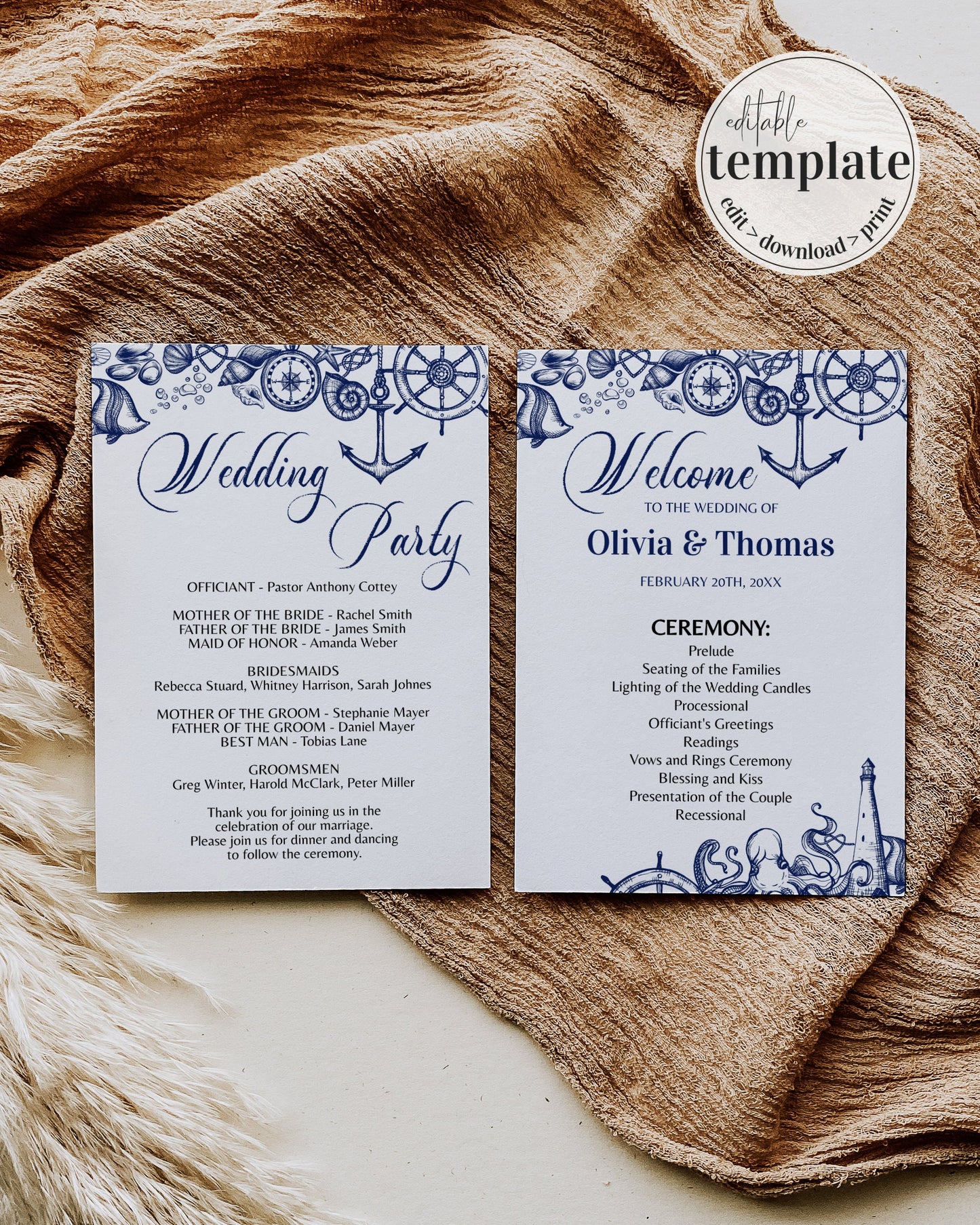 Nautical Beach Wedding Program and Ceremony Itinerary Template for Travel themed Wedding Day | Printable Template