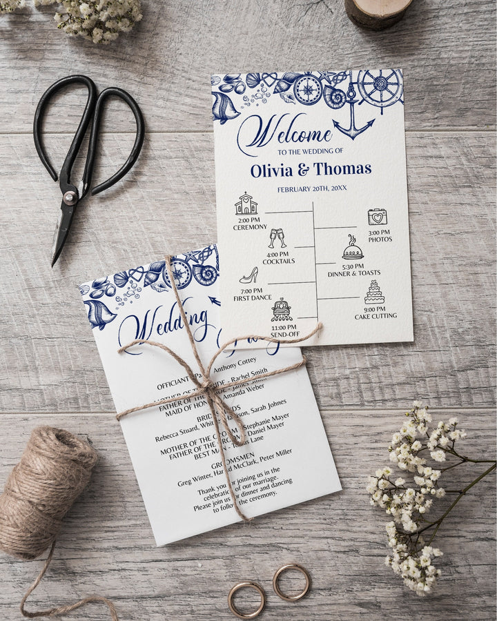 Nautical Beach Wedding Program and Ceremony Itinerary Template for Destination Wedding Decor | Printable Template - marryful