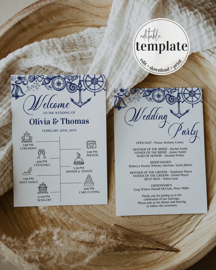 Nautical Beach Wedding Program and Ceremony Itinerary Template for Destination Wedding Decor | Printable Template - marryful