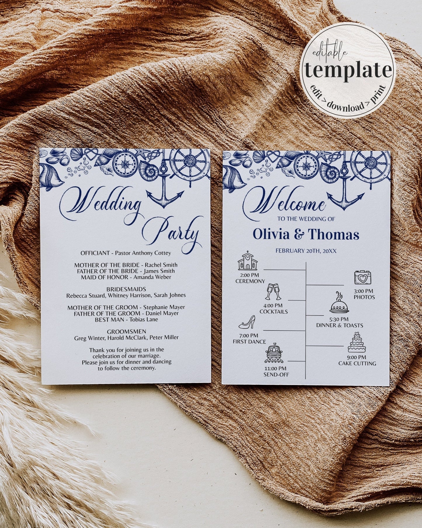 Nautical Beach Wedding Program and Ceremony Itinerary Template for Destination Wedding Decor | Printable Template