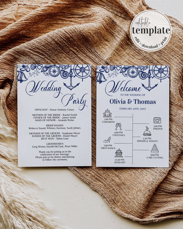 Nautical Beach Wedding Program and Ceremony Itinerary Template for Destination Wedding Decor | Printable Template - marryful