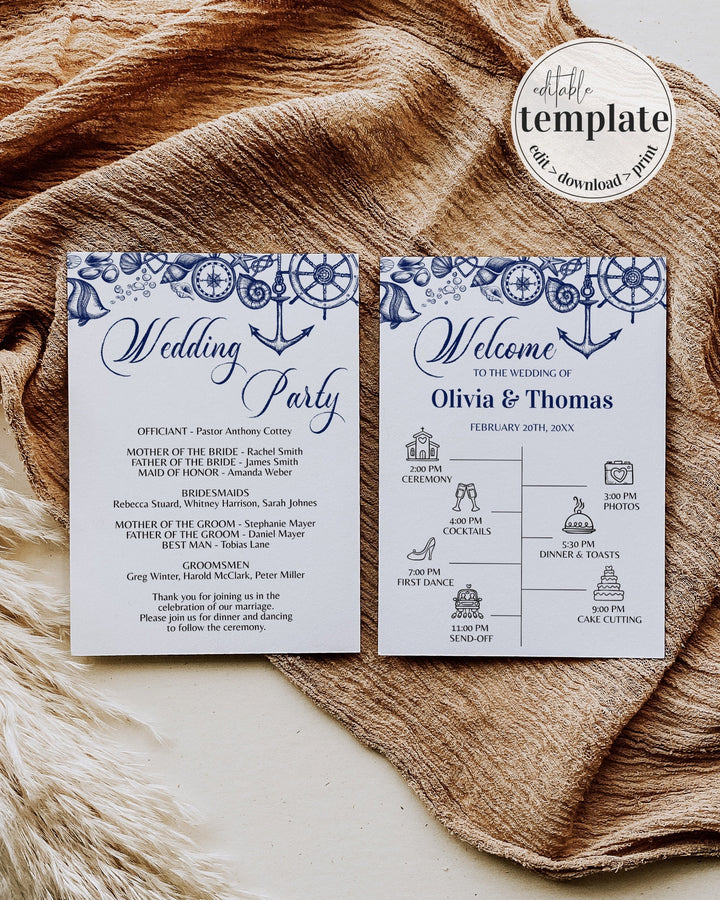 Nautical Beach Wedding Program and Ceremony Itinerary Template for Destination Wedding Decor | Printable Template - marryful