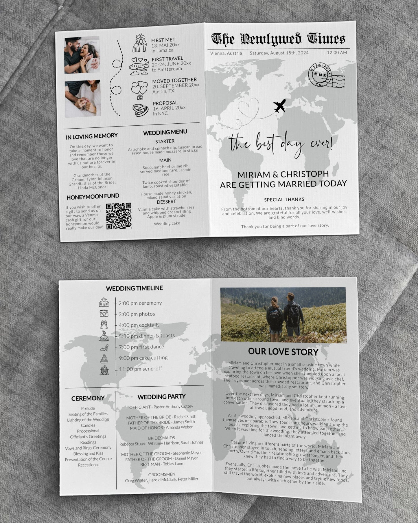Destination Wedding Newspaper Wedding Program Template, Editable Infographic, Unique Wedding Program, Printable Wedding Timeline #072w
