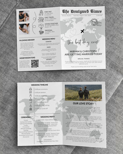 Destination Wedding Newspaper Wedding Program Template, Editable Infographic, Unique Wedding Program, Printable Wedding Timeline 072w - marryful