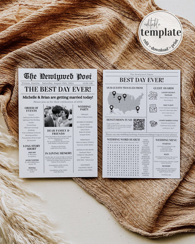 Two-sided wedding newspaper program template displayed on a textured surface, with sections including ceremony itinerary, menu, and special thanks.