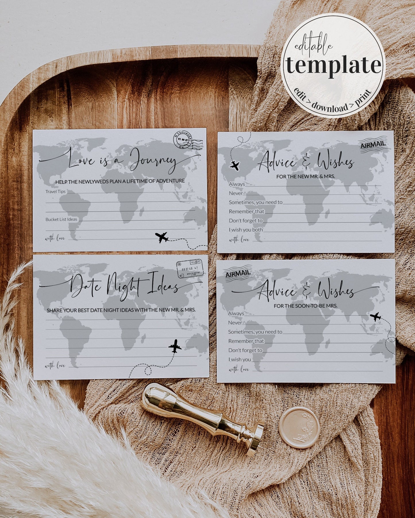 Advice and Wishes Card Bundle with Date Night Ideas and Love is a Journey Card, Bridal Shower Advice Card Template for travel party #072w