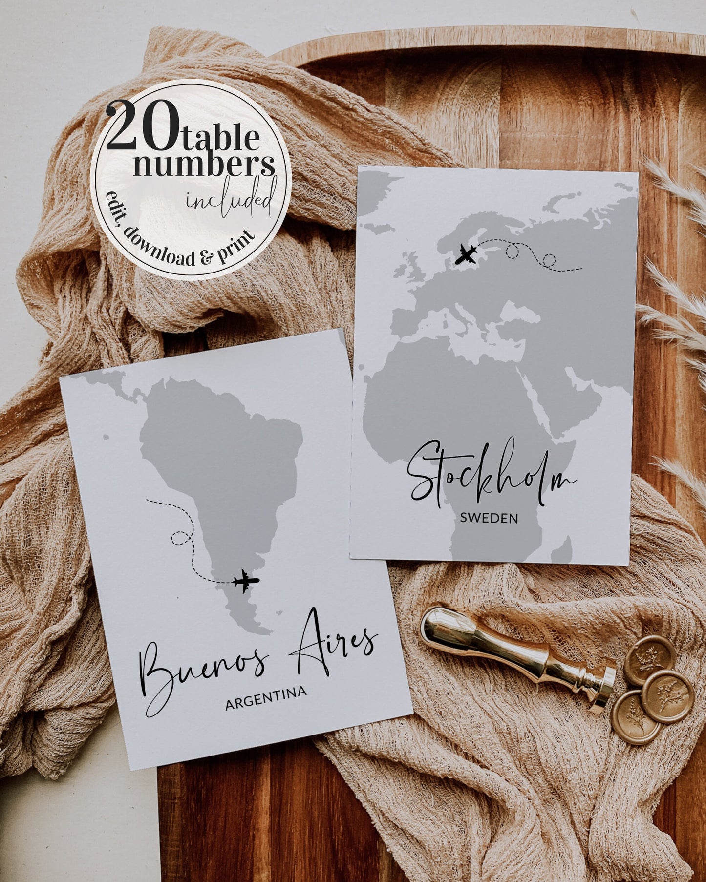 20 Travel Table Numbers for Destination Wedding, Guest Seating Cards with Travel Theme | printable template #072w