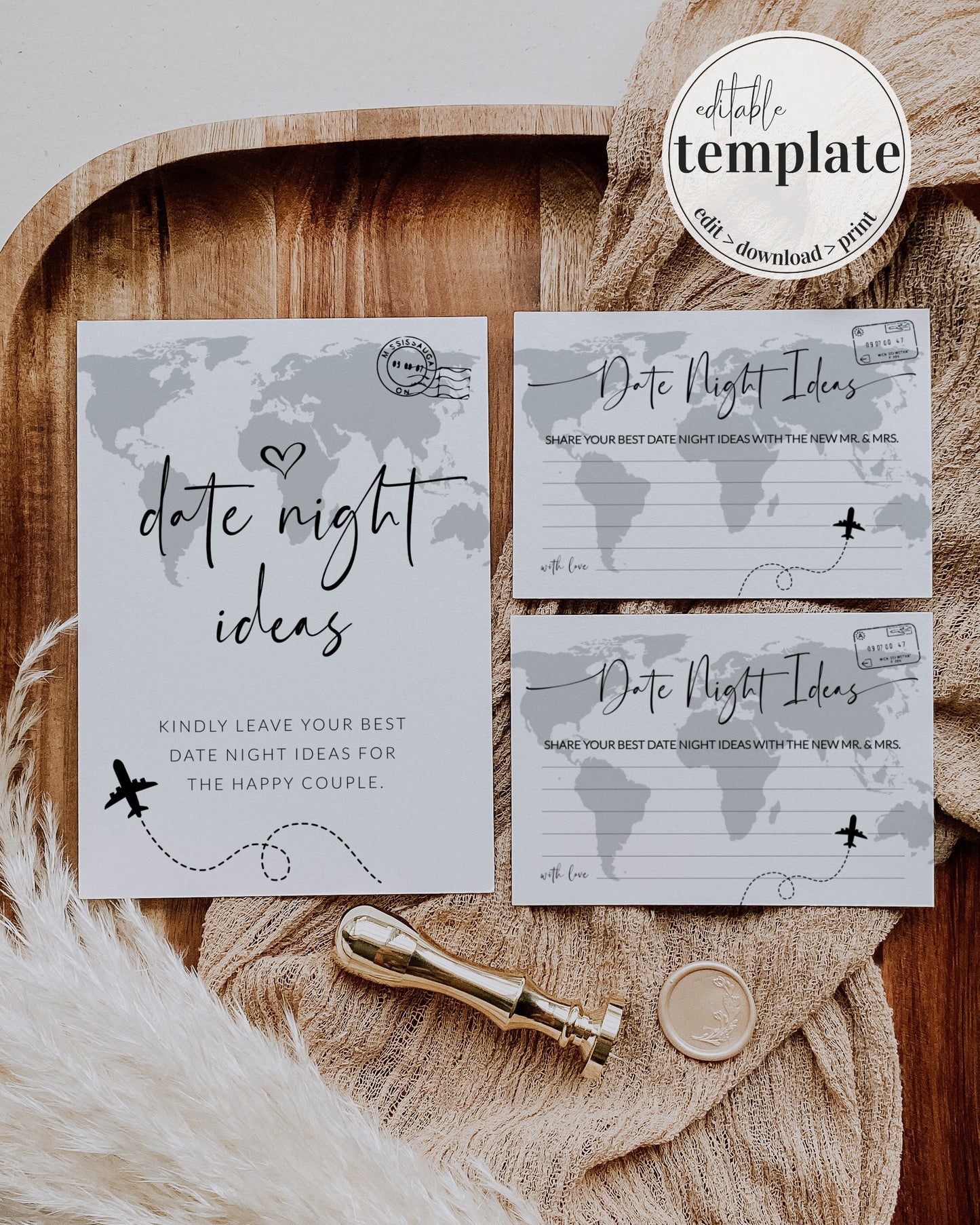 Destination Bridal Shower Game: Date Night Card and Sign Template, Travel themed Newlywed Date Night Ideas Game #072w