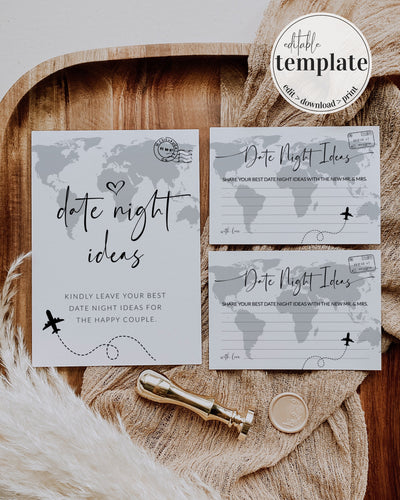 Destination Bridal Shower Game: Date Night Card and Sign Template, Travel themed Newlywed Date Night Ideas Game 072w - marryful