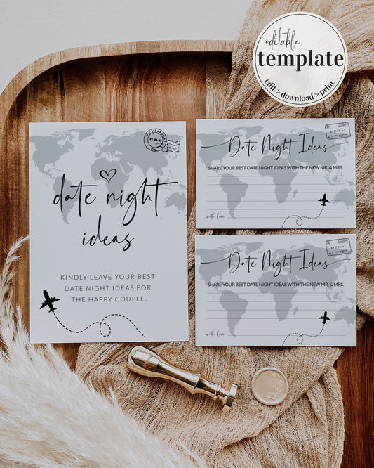 Destination Bridal Shower Game: Date Night Card and Sign Template, Travel themed Newlywed Date Night Ideas Game #072w