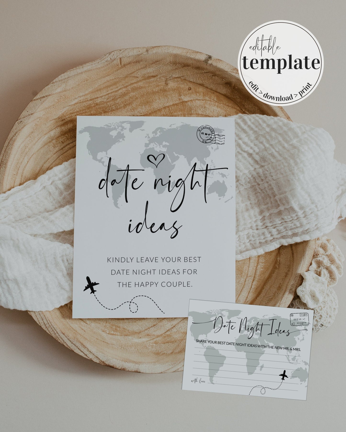 Destination Bridal Shower Game: Date Night Card and Sign Template, Travel themed Newlywed Date Night Ideas Game #072w