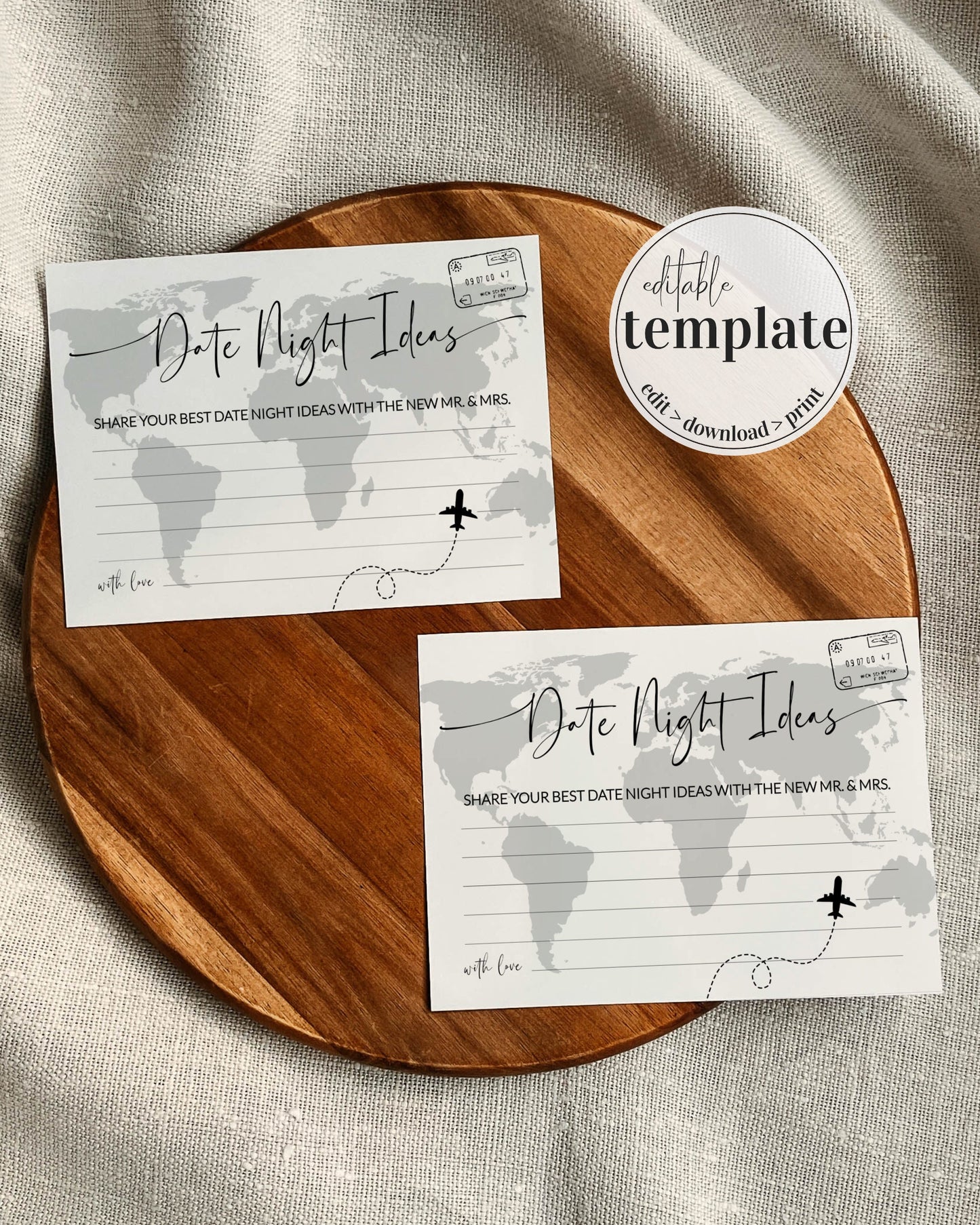 Destination Bridal Shower Game: Date Night Card and Sign Template, Travel themed Newlywed Date Night Ideas Game #072w