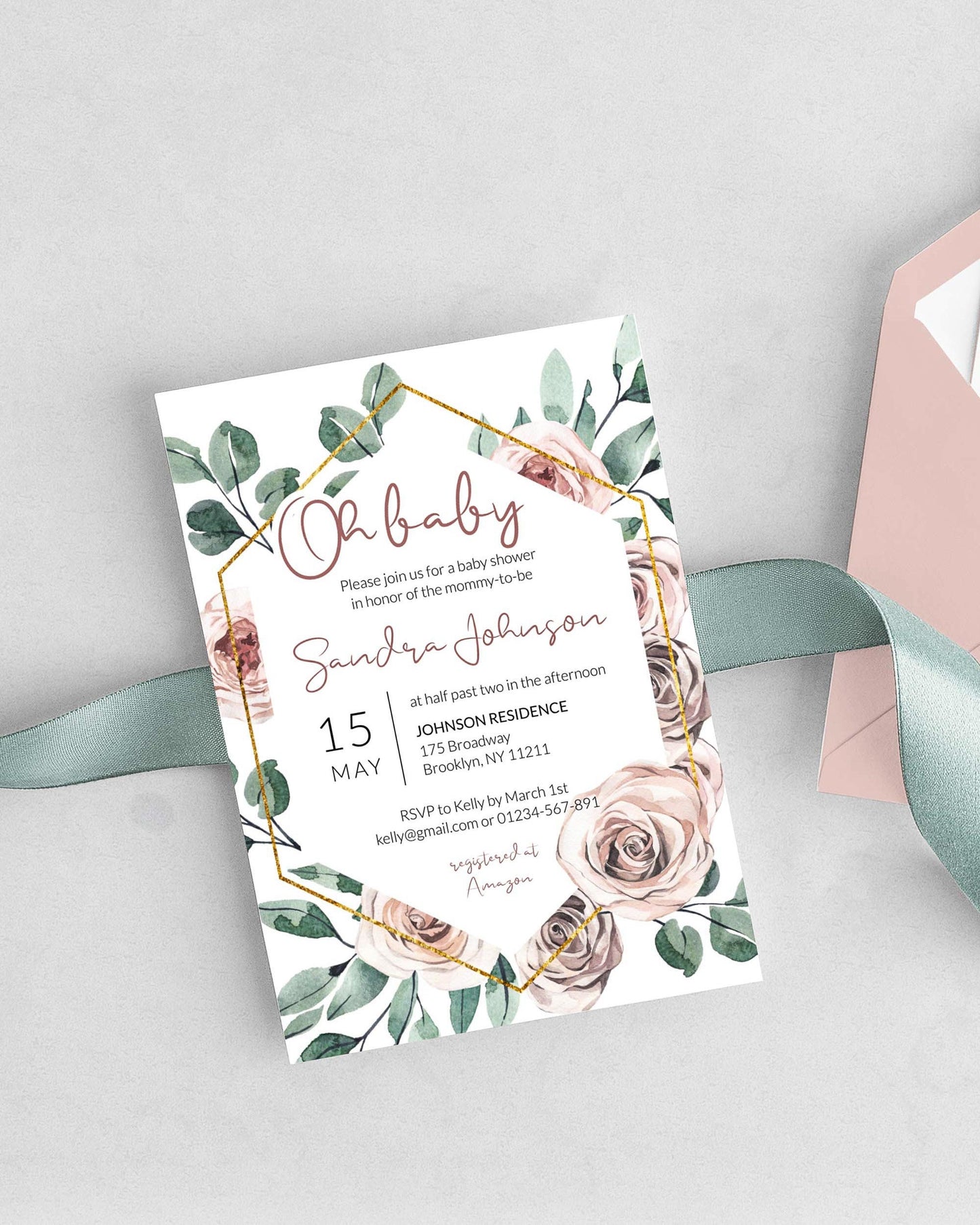 Baby in Bloom Floral Baby Shower Invitation Girl digital download for whimsical baby sprinkle with roses and greenery #075
