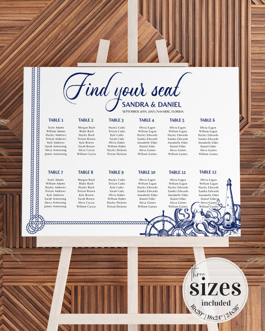 Find your Seat Sign Seating Chart Sign Printable Template for Nautical Beach Wedding Decorations or Destination Wedding Signage