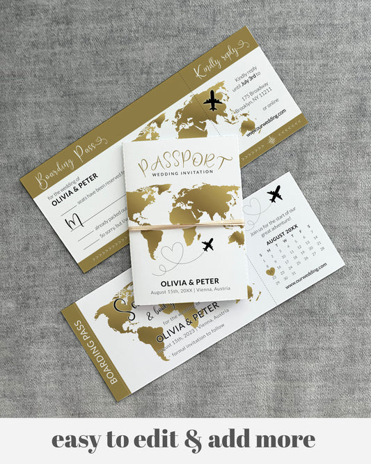 Destination Wedding Passport Invitation Template Boarding Pass RSVP and Details Card, Travel Theme Save the Date | Printable Template #072w