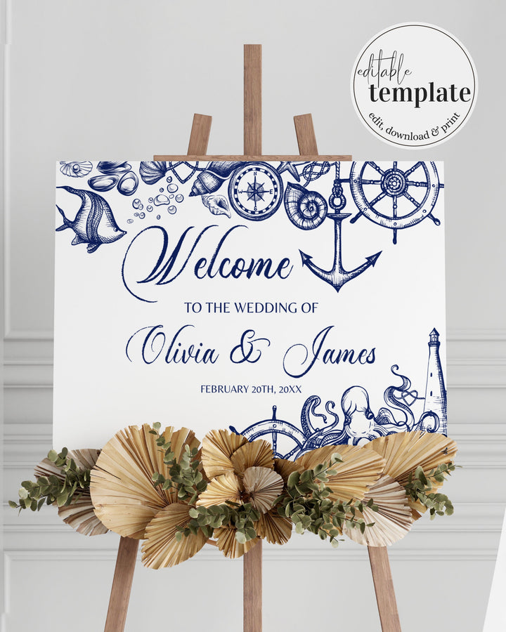 Nautical Wedding Welcome Sign for Beach Wedding Bridal Shower or Baby Shower Party | Printable Template - marryful