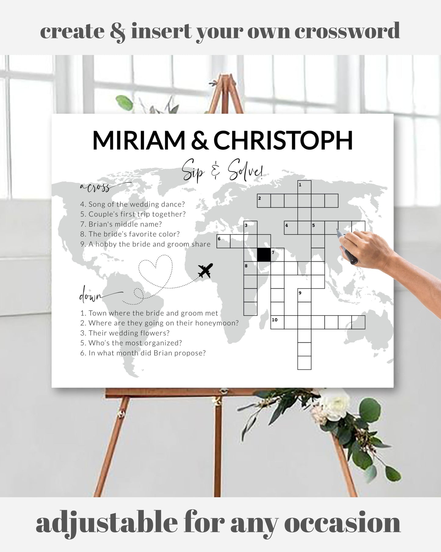 Wedding Crossword Puzzle perfect game for wedding Guests, Unique travel themed Decoration Sign | Printable Template #072