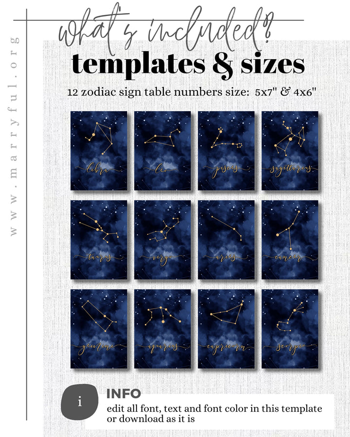 Celestial Wedding Decor Constellation Table Numbers with 12 Zodiac Signs, Seating Chart with Stars 066 - marryful