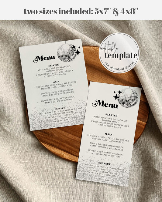 70s theme Menu Cards Template for Groovy Baby Shower, Disco Wedding or Funky Bridal Shower | Printable Template Restaurant or Bar Menu #065d