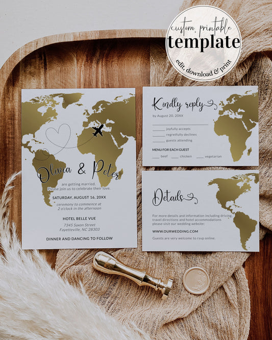 Golden Travel Wedding Invitation for tropical destination Wedding | Invitation Suite Template with Details Card #072w