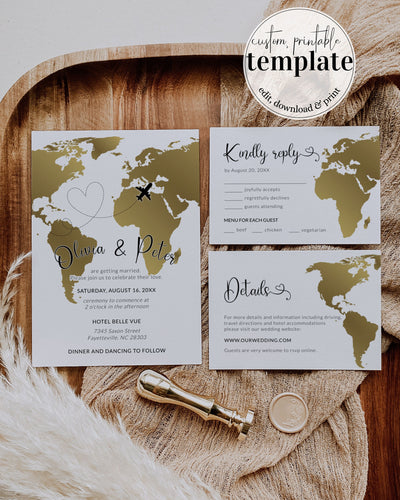 Golden Travel Wedding Invitation for tropical destination Wedding | Invitation Suite Template with Details Card 072w - marryful