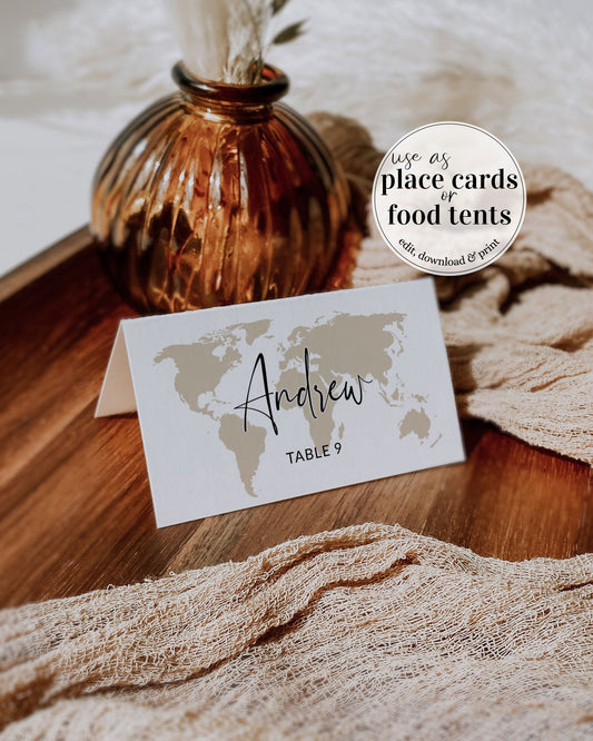Destination Wedding Place Cards Template for Travel Wedding with Watercolor World Map #072w