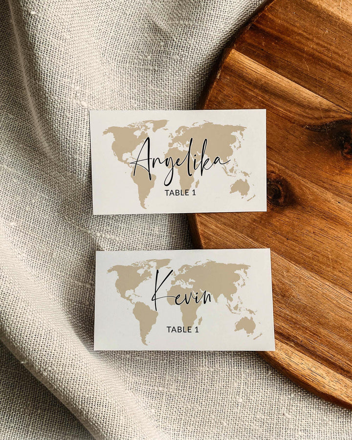 Destination Wedding Place Cards Template for Travel Wedding with Watercolor World Map 072w - marryful