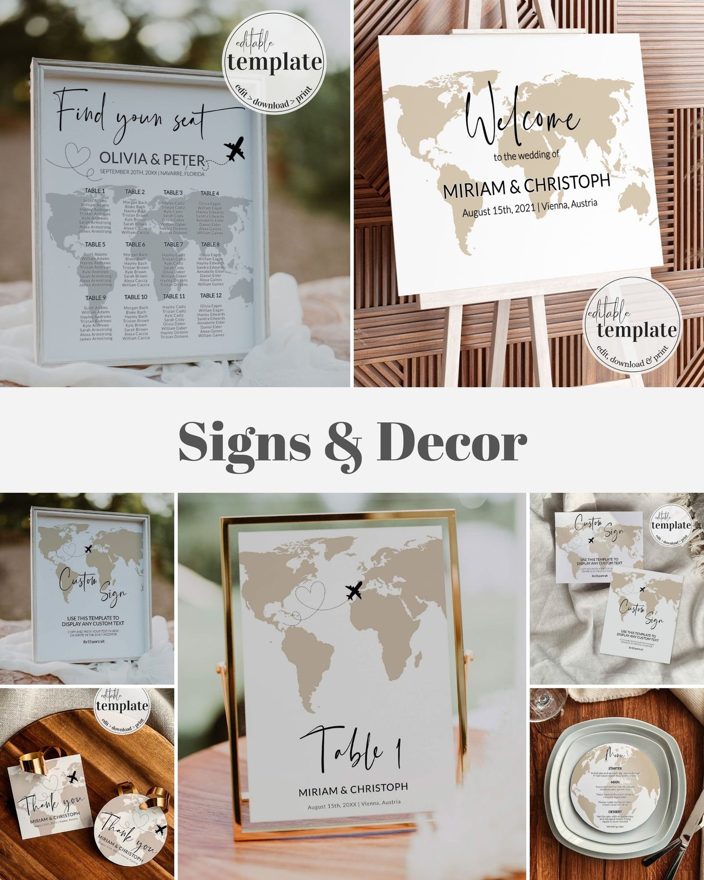 Travel Themed Decor Bundle for Destination Wedding or Shower Party with Welcome Sign, Seating Chart, Table Number | Printable Template #072w