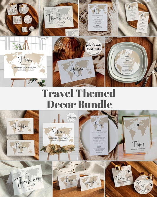 Travel Themed Decor Bundle for Destination Wedding or Shower Party with Welcome Sign, Seating Chart, Table Number | Printable Template #072w