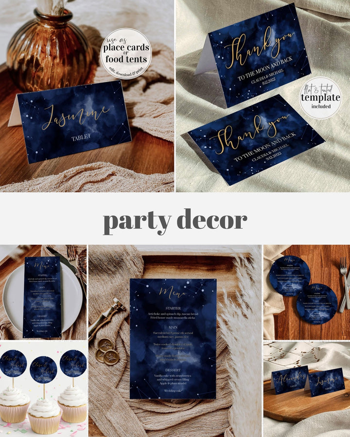 Celestial Decorations Bundle Moon & Star Theme: Welcome Sign, Seating Chart, Table Number, Menu Card, Place Card | Printable Template 066 - marryful