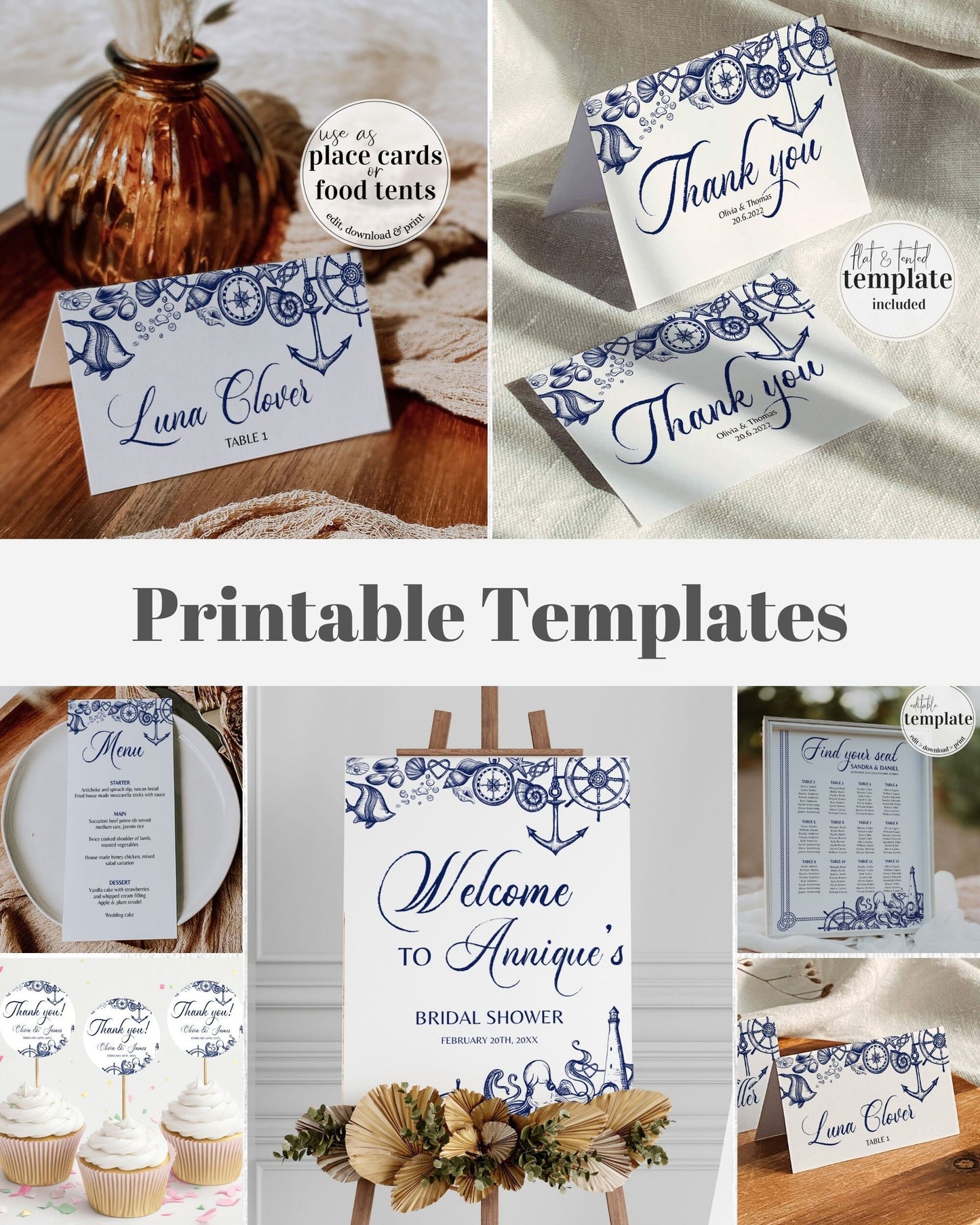 Nautical Decor Bundle for Beach or Destination Wedding with Welcome Sign, Seating Chart, Table Numbers, Place Card, Menu Cards and more