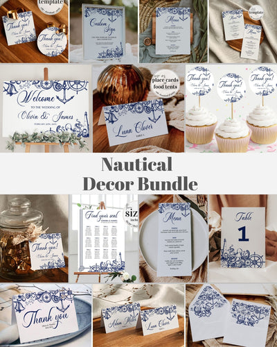 Nautical Decor Bundle for Beach or Destination Wedding with Welcome Sign, Seating Chart, Table Numbers, Place Card, Menu Cards and more - marryful