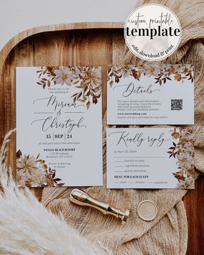 Rustic Fall Wedding Invitation | Autumn Wedding Invite | Burnt Orange Wedding Invite | Bohemian Wedding Invites | Printable Template #073f