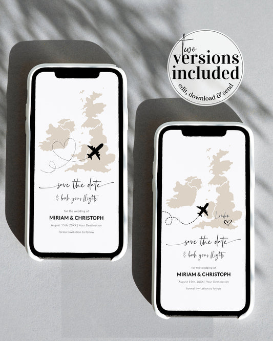 UK Destination Wedding Save the Date Evite, Map Save the Date Text Invitation, Phone Invitation, Electronic Invitation #072w