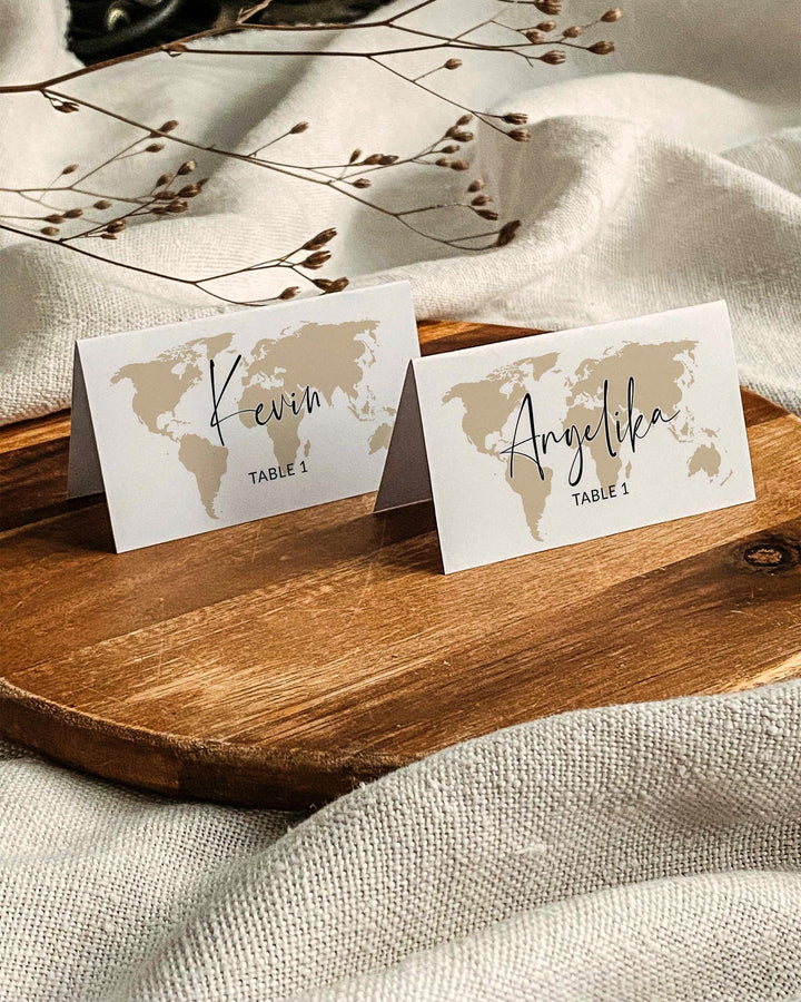 Destination Wedding Place Cards Template for Travel Wedding with Watercolor World Map 072w - marryful
