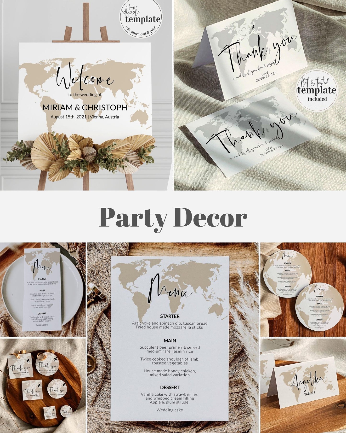 Travel Themed Decor Bundle for Destination Wedding or Shower Party with Welcome Sign, Seating Chart, Table Number | Printable Template #072w